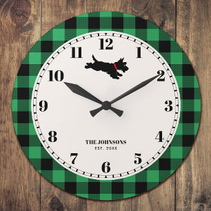 Personalized Scottie Dog Buffalo Check Green Large Clock