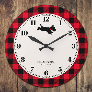 Personalized Scottie Dog Buffalo Check Red Large Clock