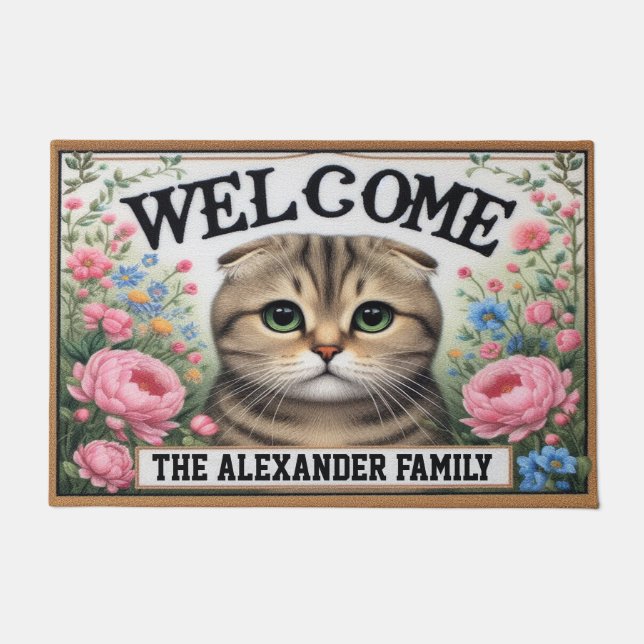 Personalized Scottish Fold Cat Floral Welcome Doormat (Front)