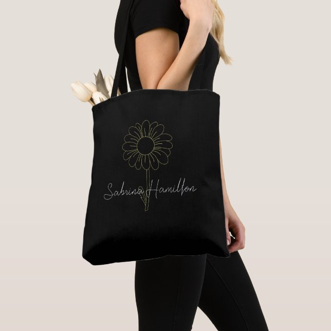 Personalized Script Cute Daisy Black Elegant Tote Bag (Close Up)