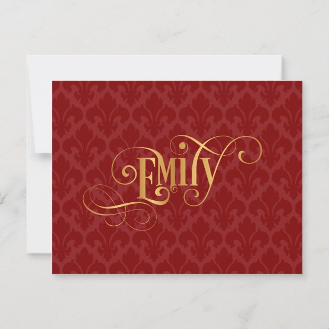 Personalized Script Emily Gold Red Fleur-de-Lis Invitation (Back)