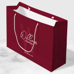 Personalized Script Groomsmen Monogram&Name Large Gift Bag<br><div class="desc">Modern Minimalist Personalized Monogram and Name Gifts This design features personalized name in white modern handwriting script font style and monogram in light burgundy red modern sans serif font style as background, with wedding details in white modern sans serif font style, on burgundy red background. Also perfect for best man,...</div>