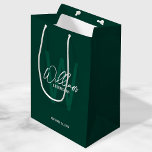 Personalized Script Groomsmen Monogram&Name Medium Gift Bag<br><div class="desc">Modern Minimalist Personalized Monogram and Name Gifts This design features personalized name in white modern handwriting script font style and monogram in light emerald green modern sans serif font style as background, with wedding details in white modern sans serif font style, on emerald green background. Also perfect for best man,...</div>