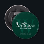 Personalized Script Groomsmen Name&Monogram Bottle Opener<br><div class="desc">Add a personal touch to your wedding with personalized groomsmen bottle opener. This bottle opener features personalized groomsman's name in white classic script font style with wedding details in white classic serif font style and monogram in light emerald green classic serif font style as background, on emerald green background. Also...</div>