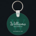 Personalized Script Groomsmen name&Monogram Keychain<br><div class="desc">Add a personal touch to your wedding with personalized groomsmen keychain. This keychain features personalized groomsman's name in white classic script font style with wedding details in white classic serif font style and monogram in light emerald green classic serif font style as background, on emerald green background. Also perfect for...</div>