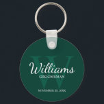 Personalized Script Groomsmen name&Monogram Keychain<br><div class="desc">Add a personal touch to your wedding with personalized groomsmen keychain. This keychain features personalized groomsman's name in white classic script font style with wedding details in white classic serif font style and monogram in light emerald green classic serif font style as background, on emerald green background. Also perfect for...</div>