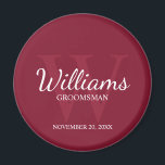 Personalized Script Groomsmen Name&Monogram Magnet<br><div class="desc">Add a personal touch to your wedding with personalized groomsmen magnet. This magnet features personalized groomsman's name in white classic script font style with wedding details in white classic serif font style and monogram in light burgundy red classic serif font style as background, on burgundy red background. Also perfect for...</div>