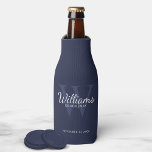 Personalized Script Groomsmen's name and Monogram  Bottle Cooler<br><div class="desc">Add a personal touch to your wedding with personalized groomsmen bottle cooler. This bottle cooler features personalized groomsman's name in white classic script font style with wedding details in white classic serif font style and monogram in light navy blue classic serif font style as background, on navy blue background. Also...</div>