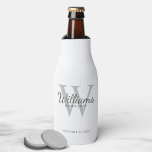 Personalized Script Groomsmen's name and Monogram Bottle Cooler<br><div class="desc">Add a personal touch to your wedding with personalized groomsmen bottle cooler. This bottle cooler features personalized groomsman's name in grey classic script font style with wedding details in grey classic serif font style and monogram in light grey classic serif font style as background, on white background. Also perfect for...</div>