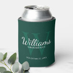 Personalized Script Groomsmen's name and Monogram  Can Cooler<br><div class="desc">Add a personal touch to your wedding with personalized groomsmen can cooler. This can cooler features personalized groomsman's name in white classic script font style with wedding details in white classic serif font style and monogram in light emerald green classic serif font style as background, on emerald green background. Also...</div>