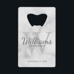 Personalized Script Groomsmen's Name and Monogram  Credit Card Bottle Opener<br><div class="desc">Add a personal touch to your wedding with personalized groomsmen credit card bottle opener. This bottle opener features personalized groomsman's name in grey classic script font style with wedding details in grey classic serif font style and monogram in light grey classic serif font style as background, on white marble background....</div>