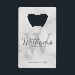 Personalized Script Groomsmen's Name and Monogram  Credit Card Bottle Opener<br><div class="desc">Add a personal touch to your wedding with personalized groomsmen credit card bottle opener. This bottle opener features personalized groomsman's name in grey classic script font style with wedding details in grey classic serif font style and monogram in light grey classic serif font style as background, on white marble background....</div>