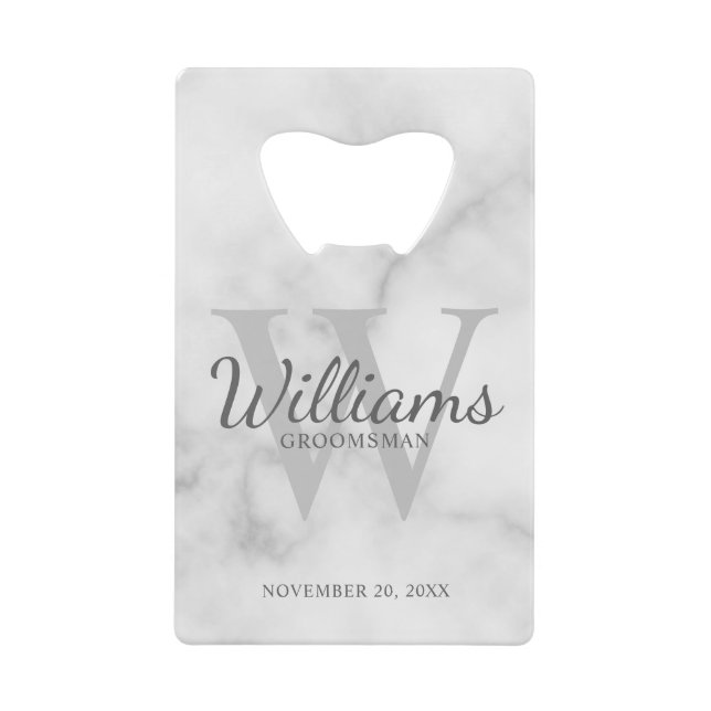 Personalized Script Groomsmen's Name and Monogram  Credit Card Bottle Opener (Front)