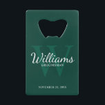 Personalized Script Groomsmen's Name and Monogram  Credit Card Bottle Opener<br><div class="desc">Add a personal touch to your wedding with personalized groomsmen credit card bottle opener. This bottle opener features personalized groomsman's name in white classic script font style with wedding details in white classic serif font style and monogram in light emerald green classic serif font style as background, on emerald green...</div>