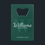 Personalized Script Groomsmen's Name and Monogram  Credit Card Bottle Opener<br><div class="desc">Add a personal touch to your wedding with personalized groomsmen credit card bottle opener. This bottle opener features personalized groomsman's name in white classic script font style with wedding details in white classic serif font style and monogram in light emerald green classic serif font style as background, on emerald green...</div>