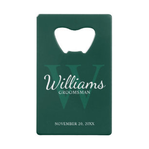 Personalized Script Groomsmen's Name and Monogram  Credit Card Bottle Opener