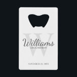Personalized Script Groomsmen's Name and Monogram Credit Card Bottle Opener<br><div class="desc">Add a personal touch to your wedding with personalized groomsmen credit card bottle opener. This bottle opener features personalized groomsman's name in grey classic script font style with wedding details in grey classic serif font style and monogram in light grey classic serif font style as background, on white background. Also...</div>