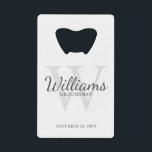Personalized Script Groomsmen's Name and Monogram Credit Card Bottle Opener<br><div class="desc">Add a personal touch to your wedding with personalized groomsmen credit card bottle opener. This bottle opener features personalized groomsman's name in grey classic script font style with wedding details in grey classic serif font style and monogram in light grey classic serif font style as background, on white background. Also...</div>