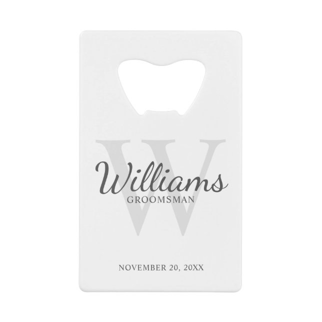 Personalized Script Groomsmen's Name and Monogram Credit Card Bottle Opener (Front)