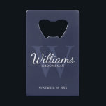 Personalized Script Groomsmen's Name and Monogram  Credit Card Bottle Opener<br><div class="desc">Add a personal touch to your wedding with personalized groomsmen credit card bottle opener. This bottle opener features personalized groomsman's name in white classic script font style with wedding details in white classic serif font style and monogram in light navy blue classic serif font style as background, on navy blue...</div>