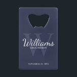 Personalized Script Groomsmen's Name and Monogram  Credit Card Bottle Opener<br><div class="desc">Add a personal touch to your wedding with personalized groomsmen credit card bottle opener. This bottle opener features personalized groomsman's name in white classic script font style with wedding details in white classic serif font style and monogram in light navy blue classic serif font style as background, on navy blue...</div>