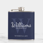 Personalized Script Groomsmen's name and Monogram  Hip Flask<br><div class="desc">Add a personal touch to your wedding with personalized groomsmen flask. This flask features personalized groomsman's name in white classic script font style with wedding details in white classic serif font style and monogram in light navy blue classic serif font style as background, on navy blue background. Also perfect for...</div>