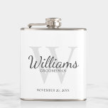 Personalized Script Groomsmen's name and Monogram Hip Flask<br><div class="desc">Add a personal touch to your wedding with personalized groomsmen flask. This flask features personalized groomsman's name in grey classic script font style with wedding details in grey classic serif font style and monogram in light grey classic serif font style as background, on white background. Also perfect for best man,...</div>