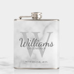 Personalized Script Groomsmen's name and Monogram  Hip Flask<br><div class="desc">Add a personal touch to your wedding with personalized groomsmen flask. This flask features personalized groomsman's name in grey classic script font style with wedding details in grey classic serif font style and monogram in light grey classic serif font style as background, on white marble background. Also perfect for best...</div>