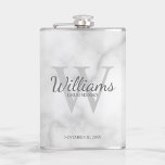 Personalized Script Groomsmen's name and Monogram Hip Flask<br><div class="desc">Add a personal touch to your wedding with personalized groomsmen flask. This flask features personalized groomsman's name in grey classic script font style with wedding details in grey classic serif font style and monogram in light grey classic serif font style as background, on white marble background. Also perfect for best...</div>
