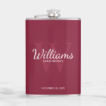 Personalized Script Groomsmen's name and Monogram Hip Flask<br><div class="desc">Add a personal touch to your wedding with personalized groomsmen flask. This flask features personalized groomsman's name in white classic script font style with wedding details in white classic serif font style and monogram in light burgundy red classic serif font style as background, on burgundy red background. Also perfect for...</div>