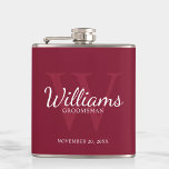 Personalized Script Groomsmen's name and Monogram  Hip Flask<br><div class="desc">Add a personal touch to your wedding with personalized groomsmen flask. This flask features personalized groomsman's name in white classic script font style with wedding details in white classic serif font style and monogram in light burgundy red classic serif font style as background, on burgundy red background. Also perfect for...</div>