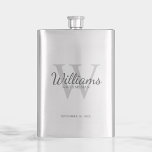 Personalized Script Groomsmen's name and Monogram  Hip Flask<br><div class="desc">Add a personal touch to your wedding with personalized groomsmen flask. This flask features personalized groomsman's name in grey classic script font style with wedding details in grey classic serif font style and monogram in light grey classic serif font style as background, on white background. Also perfect for best man,...</div>