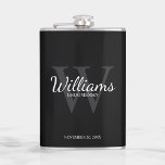 Personalized Script Groomsmen's name and Monogram Hip Flask<br><div class="desc">Add a personal touch to your wedding with personalized groomsmen flask. This flask features personalized groomsman's name in white classic script font style with wedding details in white classic serif font style and monogram in light grey classic serif font style as background, on black background. Also perfect for best man,...</div>