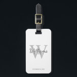 Personalized Script Groomsmen's name and Monogram  Luggage Tag<br><div class="desc">Add a personal touch to your wedding with personalized groomsmen luggage tag. This luggage tag features personalized groomsman's name in grey classic script font style with wedding details in grey classic serif font style and monogram in light grey classic serif font style as background, on white background. Also perfect for...</div>