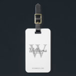 Personalized Script Groomsmen's name and Monogram  Luggage Tag<br><div class="desc">Add a personal touch to your wedding with personalized groomsmen luggage tag. This luggage tag features personalized groomsman's name in grey classic script font style with wedding details in grey classic serif font style and monogram in light grey classic serif font style as background, on white background. Also perfect for...</div>