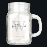Personalized Script Groomsmen's name and Monogram Mason Jar<br><div class="desc">Add a personal touch to your wedding with personalized groomsmen mason jar. This mason jar features personalized groomsman's name in grey classic script font style with wedding details in grey classic serif font style and monogram in light grey classic serif font style as background. Also perfect for best man, father...</div>