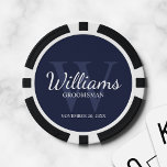 Personalized Script Groomsmen's name and Monogram Poker Chips<br><div class="desc">Add a personal touch to your wedding with personalized groomsmen poker chips. This design features personalized groomsman's name in white classic script font style with wedding details in white classic serif font style and monogram in light navy blue classic serif font style as background, on navy blue background. Also perfect...</div>