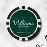 Personalized Script Groomsmen's name and Monogram Poker Chips<br><div class="desc">Add a personal touch to your wedding with personalized groomsmen poker chips. This design features personalized groomsman's name in white classic script font style with wedding details in white classic serif font style and monogram in light emerald green classic serif font style as background, on emerald green background. Also perfect...</div>