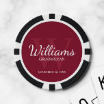 Personalized Script Groomsmen's name and Monogram Poker Chips<br><div class="desc">Add a personal touch to your wedding with personalized groomsmen poker chips. This design features personalized groomsman's name in white classic script font style with wedding details in white classic serif font style and monogram in light burgundy red classic serif font style as background, on burgundy red background. Also perfect...</div>