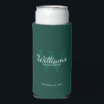 Personalized Script Groomsmen's name and Monogram  Seltzer Can Cooler<br><div class="desc">Add a personal touch to your wedding with personalized groomsmen can cooler. This can cooler features personalized groomsman's name in white classic script font style with wedding details in white classic serif font style and monogram in light emerald green classic serif font style as background, on emerald green background. Also...</div>