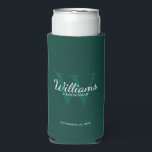 Personalized Script Groomsmen's name and Monogram  Seltzer Can Cooler<br><div class="desc">Add a personal touch to your wedding with personalized groomsmen can cooler. This can cooler features personalized groomsman's name in white classic script font style with wedding details in white classic serif font style and monogram in light emerald green classic serif font style as background, on emerald green background. Also...</div>