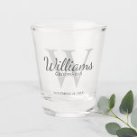 Personalized Script Groomsmen's name and Monogram Shot Glass<br><div class="desc">Add a personal touch to your wedding with personalized groomsmen shot glass. This shot glass features personalized groomsman's name in grey classic script font style with wedding details in grey classic serif font style and monogram in light grey classic serif font style as background. Also perfect for best man, father...</div>