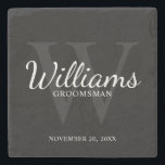 Personalized Script Groomsmen's name and Monogram  Stone Coaster<br><div class="desc">Add a personal touch to your wedding with personalized groomsmen stone coaster. This coaster features personalized groomsman's name in white classic script font style with wedding details in white classic serif font style and monogram in grey classic serif font style as background, on black background. Also perfect for best man,...</div>