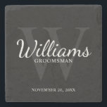 Personalized Script Groomsmen's name and Monogram  Stone Coaster<br><div class="desc">Add a personal touch to your wedding with personalized groomsmen stone coaster. This coaster features personalized groomsman's name in white classic script font style with wedding details in white classic serif font style and monogram in grey classic serif font style as background, on black background. Also perfect for best man,...</div>