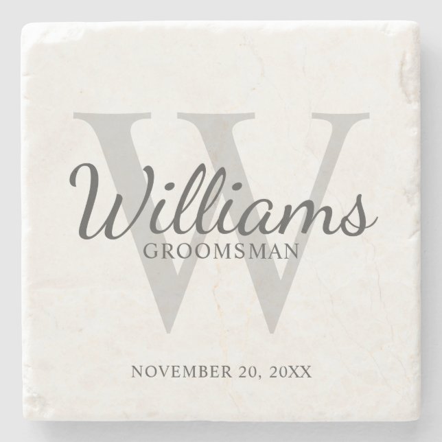 Personalized Script Groomsmen's name and Monogram Stone Coaster (Front)