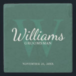 Personalized Script Groomsmen's name and Monogram  Stone Coaster<br><div class="desc">Add a personal touch to your wedding with personalized groomsmen stone coaster. This coaster features personalized groomsman's name in white classic script font style with wedding details in white classic serif font style and monogram in light emerald green classic serif font style as background, on emerald green background. Also perfect...</div>