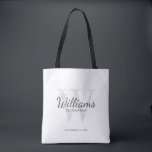 Personalized Script Groomsmen's name and Monogram Tote Bag<br><div class="desc">Add a personal touch to your wedding with personalized groomsmen tote bag. This bag features personalized groomsman's name in grey classic script font style with wedding details in grey classic serif font style and monogram in light grey classic serif font style as background, on white background. Also perfect for best...</div>