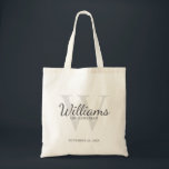 Personalized Script Groomsmen's name and Monogram Tote Bag<br><div class="desc">Add a personal touch to your wedding with personalized groomsmen tote bag. This tote bag features personalized groomsman's name in grey classic script font style with wedding details in grey classic serif font style and monogram in light grey classic serif font style as background, on white background. Also perfect for...</div>