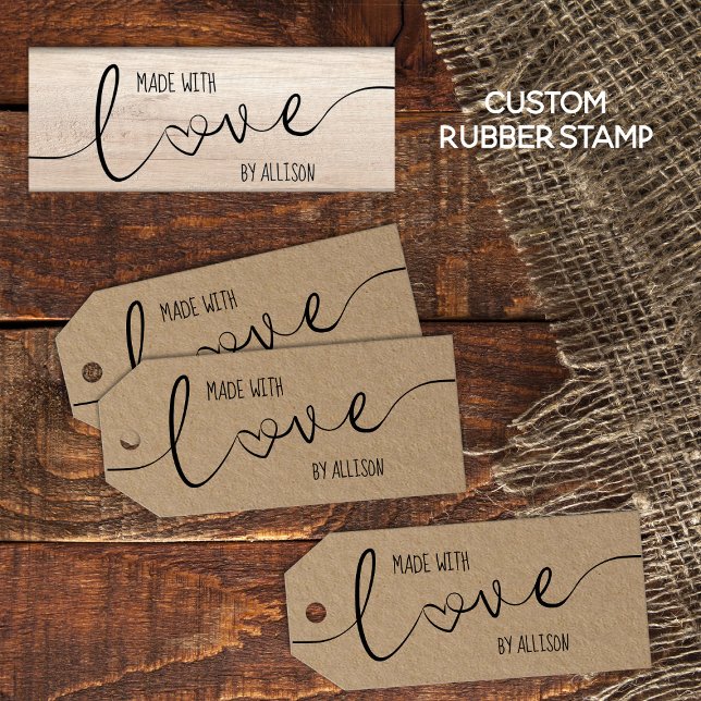 Personalized Script Lettering Made With Love Rubber Stamp (Personalized "Made With Love" rubber stamp for your homemade, hand-made gifts and products.)