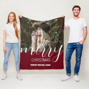 Personalized Script Merry Christmas Photo Name  Fleece Blanket